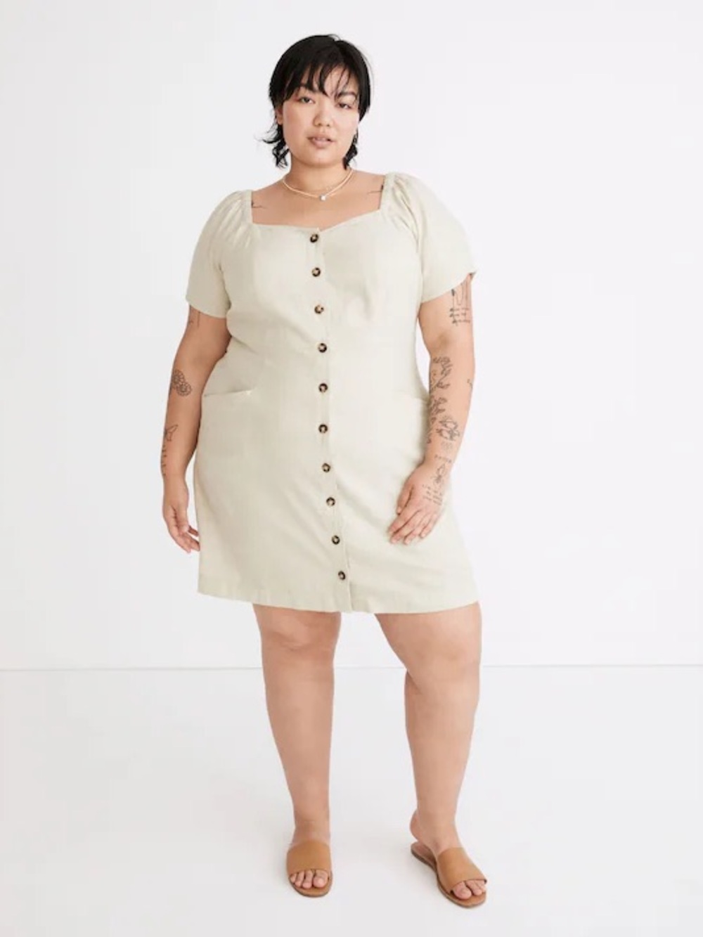 Madewell Plus Linen-Cotton Puff-Sleeve Dress size 16W mini‎ button down ruched